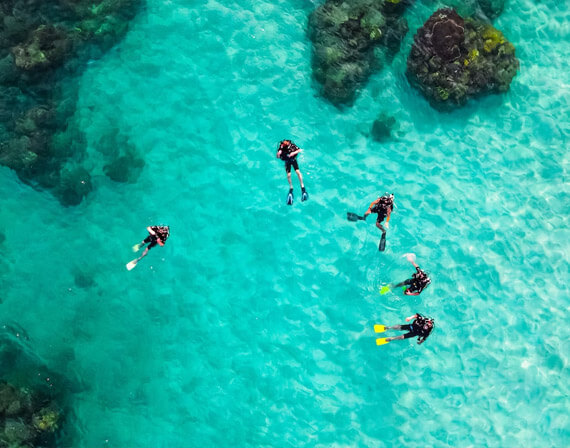 A group of scuba divers floating on top of a clear blue ocean