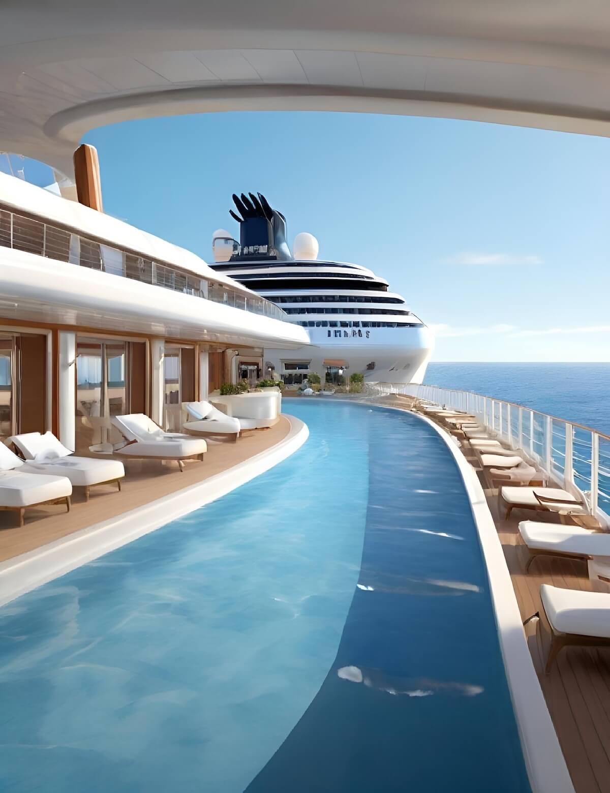 Cruise ship with a luxury poolside deck and lounge chairs