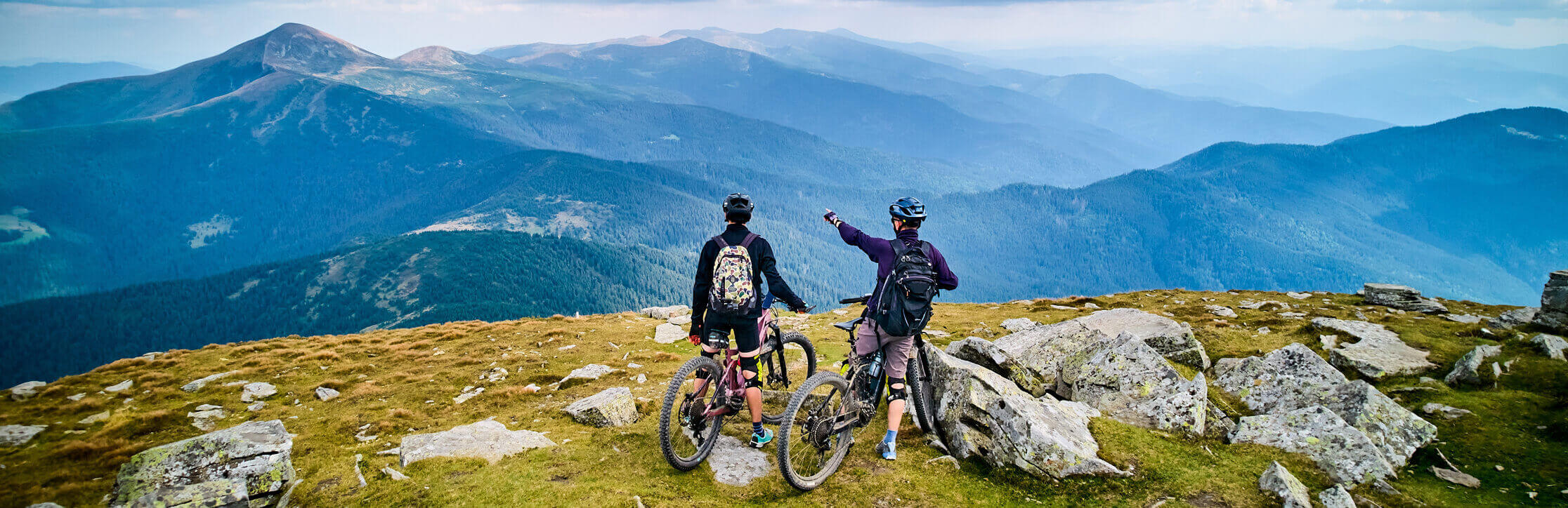 people riding mountain bikes down a path